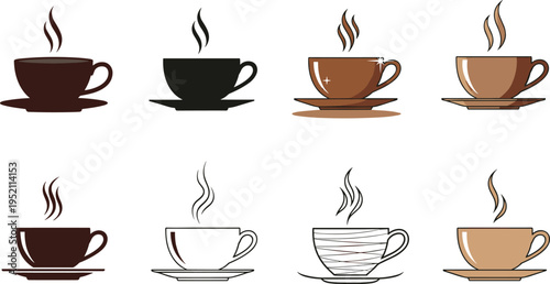 Coffee cup icons set with steam in different styles including silhouette outline and flat cafe beverage vector