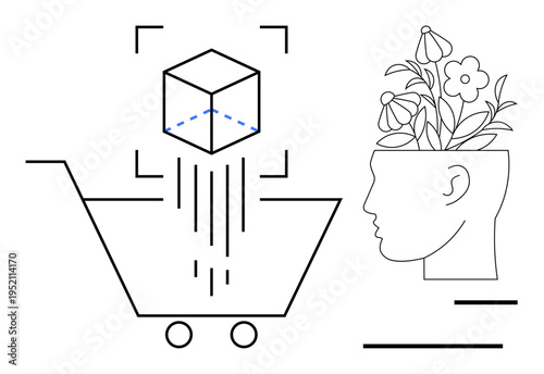 Shopping cart with 3D cube symbolizing technology and online retail, human head with flowers representing creativity. Ideal for e-commerce, innovation, digital solutions, customer experience, design