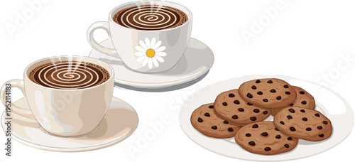 Coffee cups with cookies dessert snack set cozy cafe beverage vector illustration