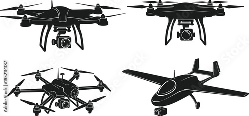 Illustration of four different aerial drones including quadcopters, hexacopter, and fixed-wing aircraft with mounted cameras, modern UAV technology concept for photography, videography, surveillance