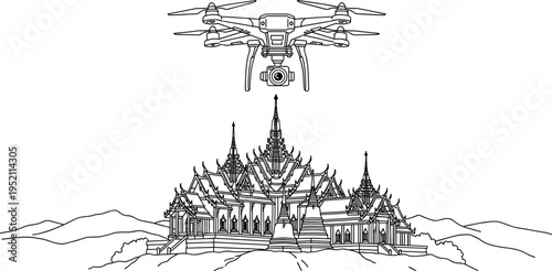 Black and white line drawing of drone flying above ornate Southeast Asian temple with spires, modern UAV technology concept for aerial photography, cultural heritage documentation artwork