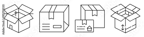 Stylized black and white line art illustration of open and closed cardboard boxes