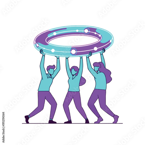 Diverse team of three people holding up a futuristic circular object with digital connections, symbolizing collaboration and innovation.
