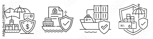 Illustrative Icon Set of Shipping Insurance and Cargo Protection Concepts