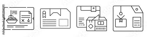 Vectorized icons depicting shipping, logistics, and certification documents, with an illustrative style