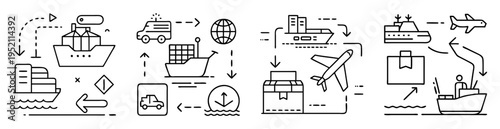 Logistics and transportation icon set illustrating global supply chain networks flow