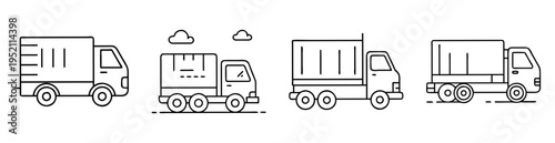 Diverse Line Art Trucks Showcasing Different Styles and Wheel Configurations for Transportation