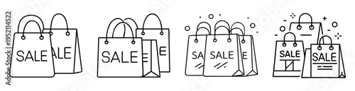 Black and white line drawing of multiple shopping bags with sale signs