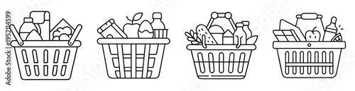 Four shopping basket icons filled with grocery items in outline style