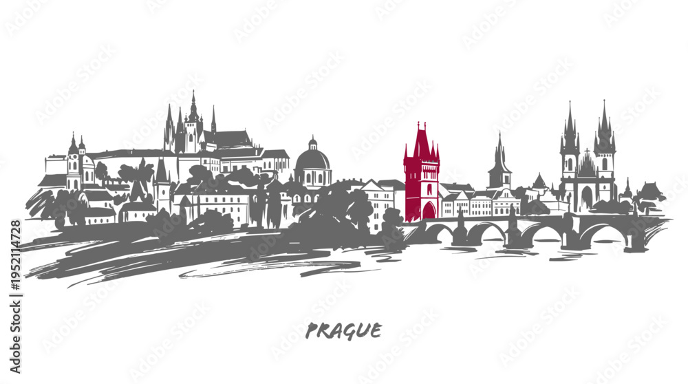 Fototapeta premium A striking black and white sketch of the Prague skyline, highlighting the iconic Charles Bridge and Prague Castle, with a single red tower drawing the eye.