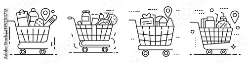 Black and white line art illustration of shopping carts filled with groceries