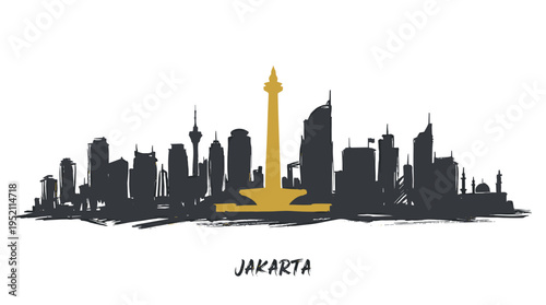 A stylized silhouette of the Jakarta skyline, featuring the iconic Monas monument in a prominent golden hue against a dark, textured backdrop.