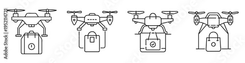 Line art illustrations showcase drone technology for delivery and logistics services