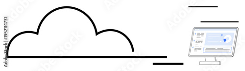 Cloud computing, data storage, cybersecurity, online tools, internet services, tech solutions. A cloud icon connected to a digital screen. Cloud computing and data storage concept