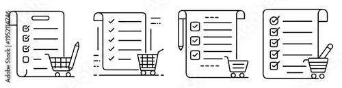 Minimalist style illustration depicting shopping lists with shopping carts and pens