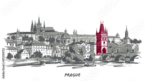 A detailed sketch of the Prague skyline, featuring iconic buildings like Prague Castle and the Charles Bridge, with a prominent red tower.