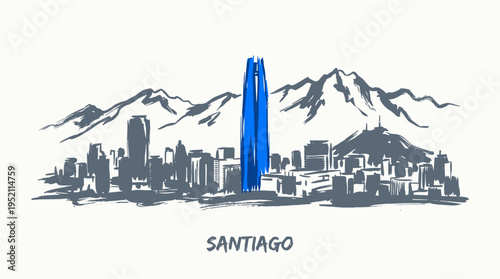 A stylized illustration of the Santiago skyline featuring the iconic Gran Torre Santiago skyscraper against a backdrop of mountains.