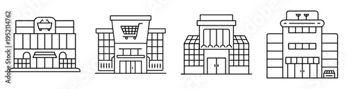 Four different storefront buildings with various architectural styles and shopping carts