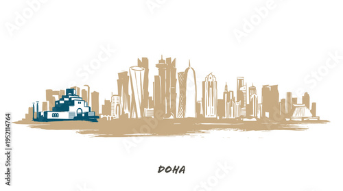 A stylized illustration of the Doha skyline featuring modern skyscrapers and a distinctive building on the left.