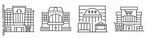 Line art illustrations of different shopping malls with retail icons