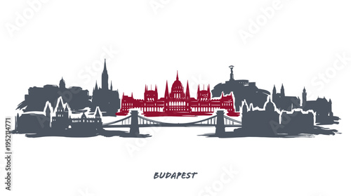 Striking silhouette of the Budapest skyline, highlighting the iconic Parliament Building in vibrant red, with bridges spanning the Danube River.