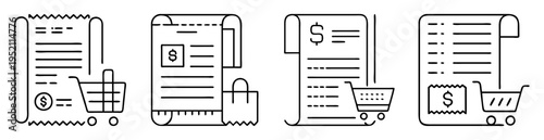 Collection of retail purchase receipt icons with shopping carts and bags