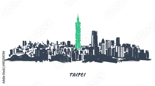 A stylized, monochromatic illustration of the Taipei skyline, featuring the iconic Taipei 101 skyscraper highlighted in green.