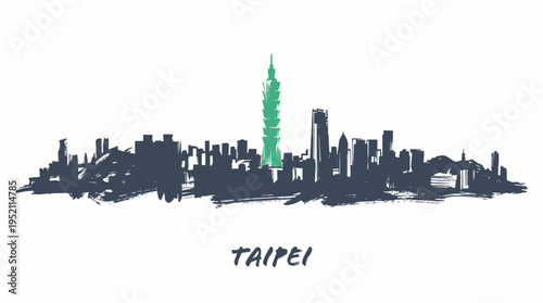 A stylized, hand-drawn silhouette of the Taipei skyline, featuring the iconic Taipei 101 skyscraper highlighted in green.