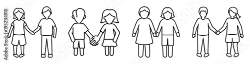 Stylized line art illustration of several couples holding hands together