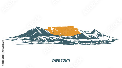 A stylized illustration of Cape Town's iconic Table Mountain and surrounding peaks, with the city skyline nestled below.