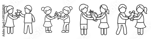 Black and white illustration of children swapping toys in a line