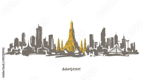 A striking sketch of the Bangkok skyline, featuring the iconic Wat Arun temple prominently in gold against a backdrop of grey skyscrapers.