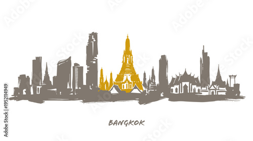 A stylized sketch of the Bangkok skyline featuring prominent buildings and temples, with a golden central structure.