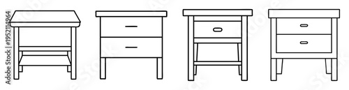 Four simple black and white line drawings of bedside tables or nightstands