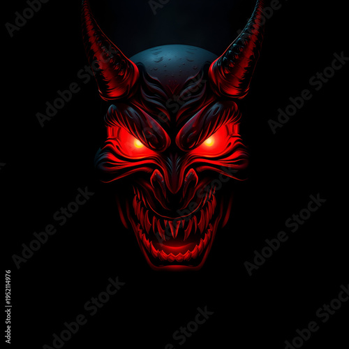 A red demon face glowing in the dark, laughing maniacally