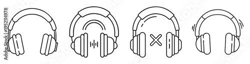 Four pairs of headphones showing different states of functionality in black outlines