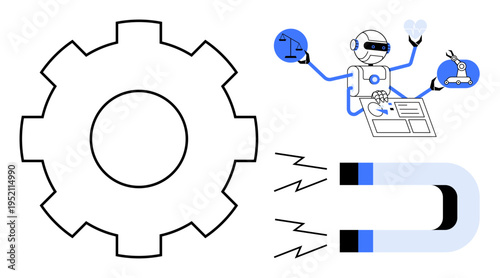 Robotics, automation, artificial intelligence, engineering, scientific research, manufacturing. Gear symbol, robot multitasking magnet with waves. Robotics and automation