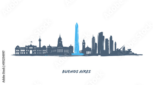 A striking silhouette of the Buenos Aires skyline, featuring iconic landmarks like the Obelisco, set against a clean white background.