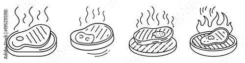 Four cartoonish illustrations of steaks being cooked on grills with smoke and flames