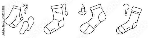 Isolated line art illustration of lost socks and sock pairs with question marks