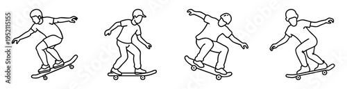 Line Art Illustration of Four Skateboarders in Motion, Performing Various Tricks