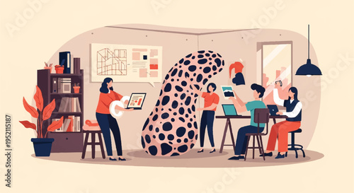 Diverse team collaborating on a scientific research project involving a large cell model in a modern office setting