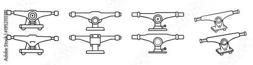 Isolated detailed line drawing assortment of skateboard truck styles and variations