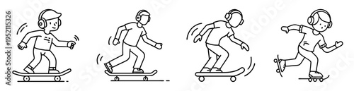Line art illustration of four boys wearing headphones skateboarding with dynamic poses