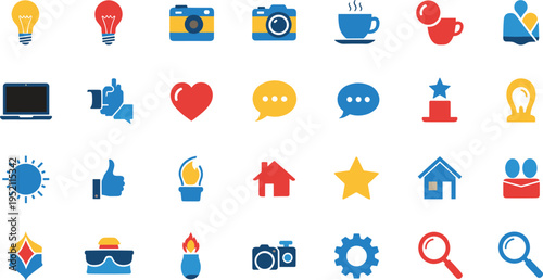 Colorful flat web interface icon set with camera coffee home star search lightbulb and social media symbols