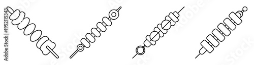 Illustration of four different types of shish kebab on skewers