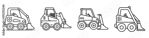 Four line art illustrations of skid steer loaders in a construction setting