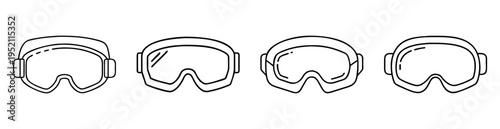 Four goggles in a row outlined in black and white vector image