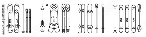 Line drawing of different types of skis, snowboard, and ski poles