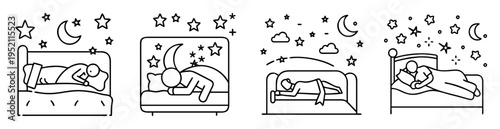 Various sleeping positions under starry sky showcasing different sleep habits and environments